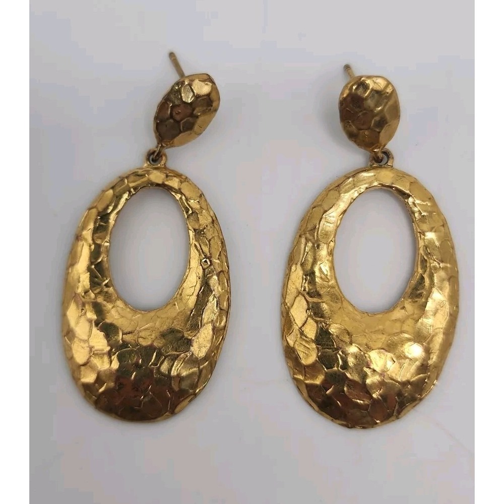 Vintage Bellezza Italy Hammered Gold Tone Dangle Oval Designer Pierced Earrings - Picture 3 of 11